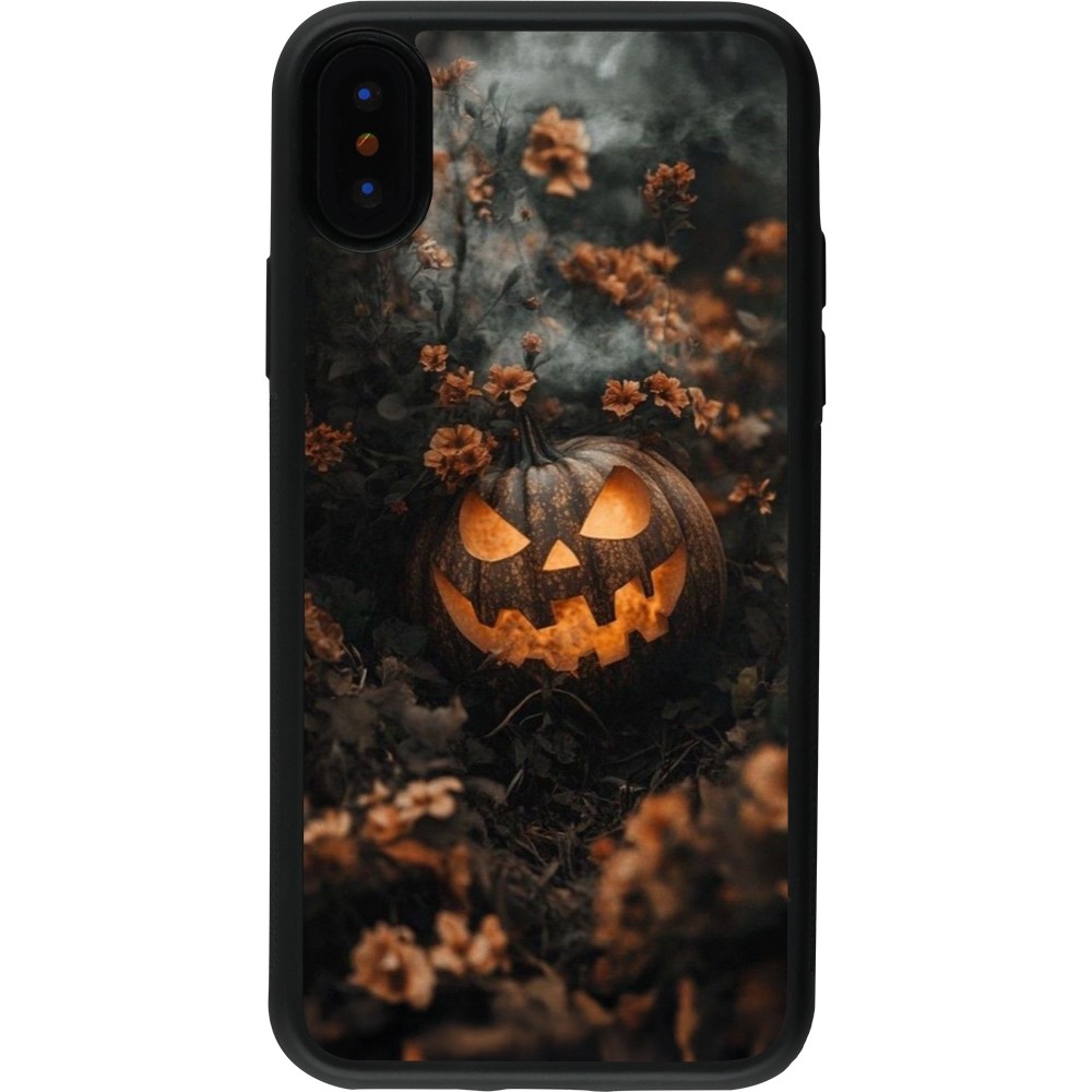 Coque iPhone X / Xs - Silicone rigide noir Halloween 2025 Pumpkin with flowers