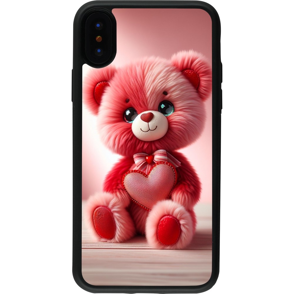 Coque iPhone X / Xs - Silicone rigide noir Valentine 2024 Ourson rose