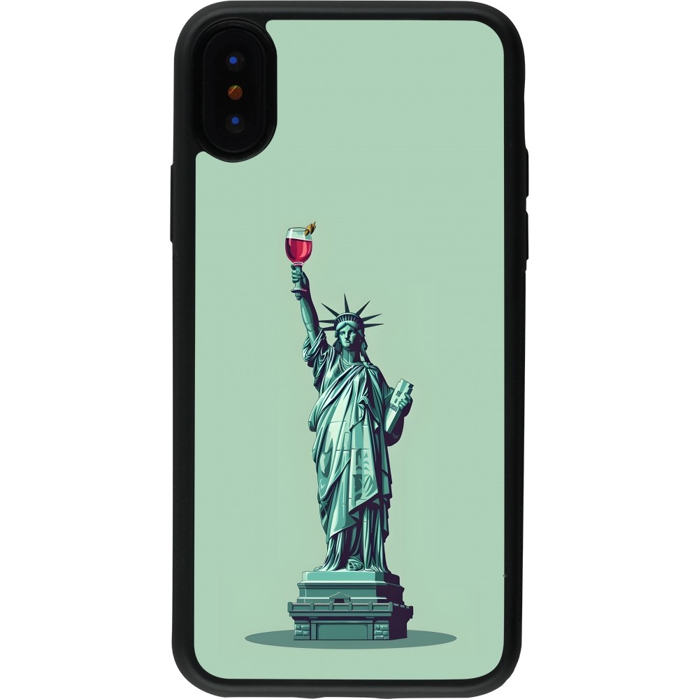Coque iPhone X / Xs - Silicone rigide noir Wine Statue de la liberté avec un verre de vin