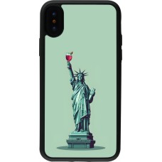 Coque iPhone X / Xs - Silicone rigide noir Wine Statue de la liberté avec un verre de vin