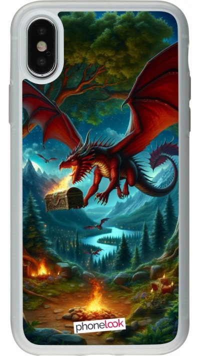 Coque iPhone X / Xs - Silicone rigide transparent Dragon Volant Forêt Trésor