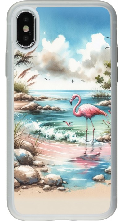 Coque iPhone X / Xs - Silicone rigide transparent Flamant rose aquarelle