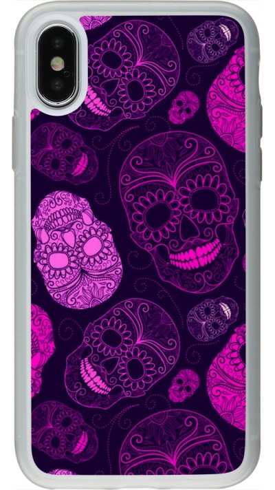Coque iPhone X / Xs - Silicone rigide transparent Halloween 2023 pink skulls