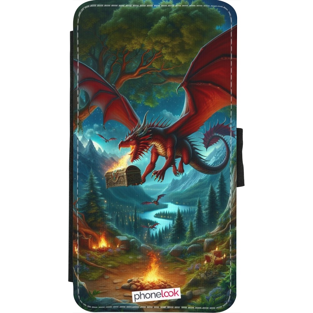 iPhone X / Xs Case Hülle - Wallet schwarz Drache Fliegend Wald Schatz