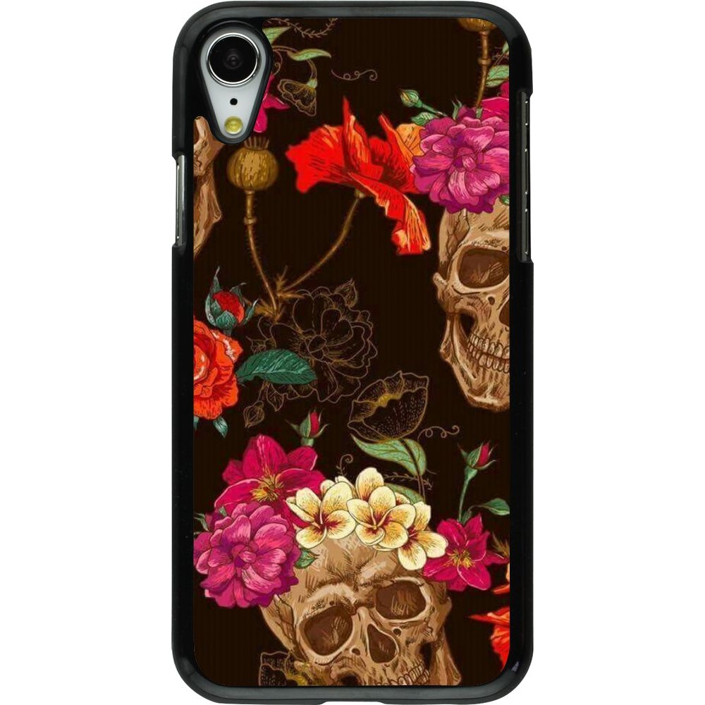 Coque iPhone XR - Skulls and flowers