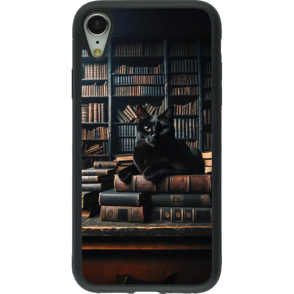 iPhone XR Case Hülle - Silikon schwarz Katze Bücher dunkel