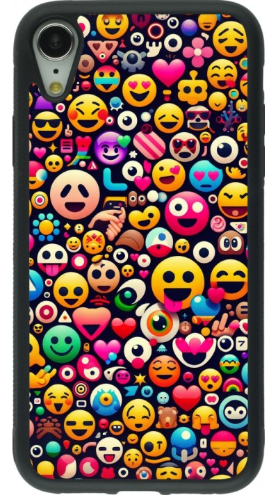 Coque iPhone XR - Silicone rigide noir Emoji Mix Color