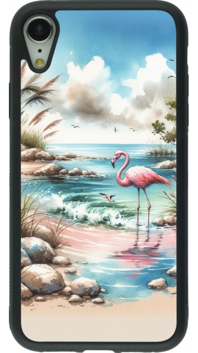 Coque iPhone XR - Silicone rigide noir Flamant rose aquarelle