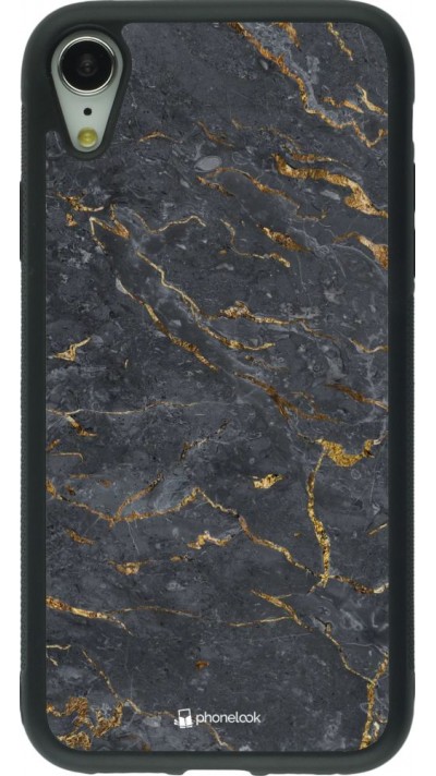 Coque iPhone XR - Silicone rigide noir Grey Gold Marble