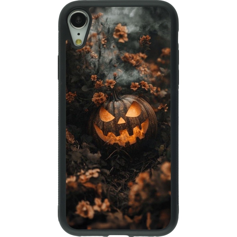 Coque iPhone XR - Silicone rigide noir Halloween 2025 Pumpkin with flowers