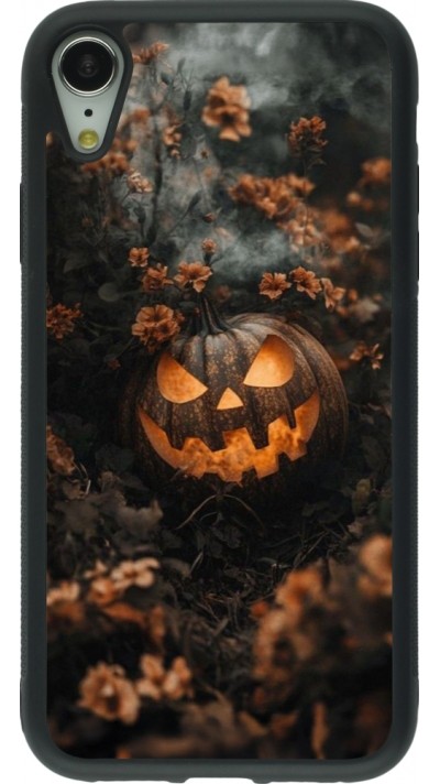 Coque iPhone XR - Silicone rigide noir Halloween 2025 Pumpkin with flowers