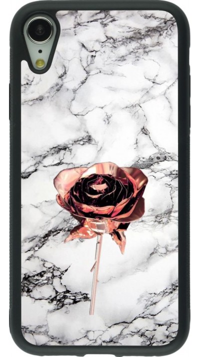 Coque iPhone XR - Silicone rigide noir Marble Rose Gold