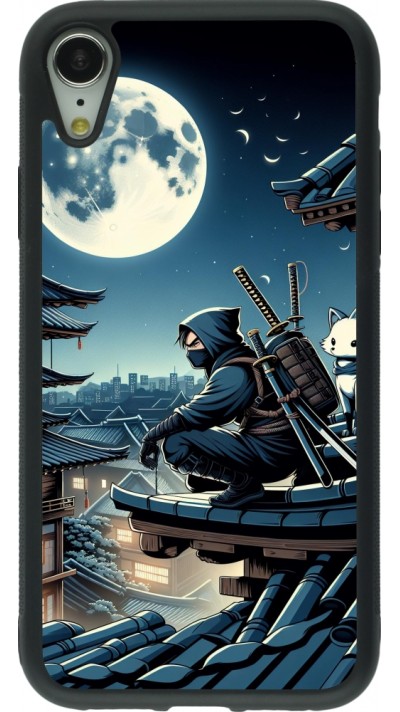 Coque iPhone XR - Silicone rigide noir Ninja sous la lune