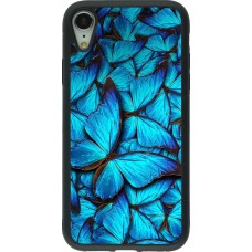 Coque iPhone XR - Silicone rigide noir Papillon - Bleu