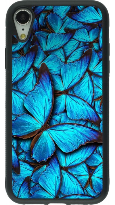 Coque iPhone XR - Silicone rigide noir Papillon - Bleu