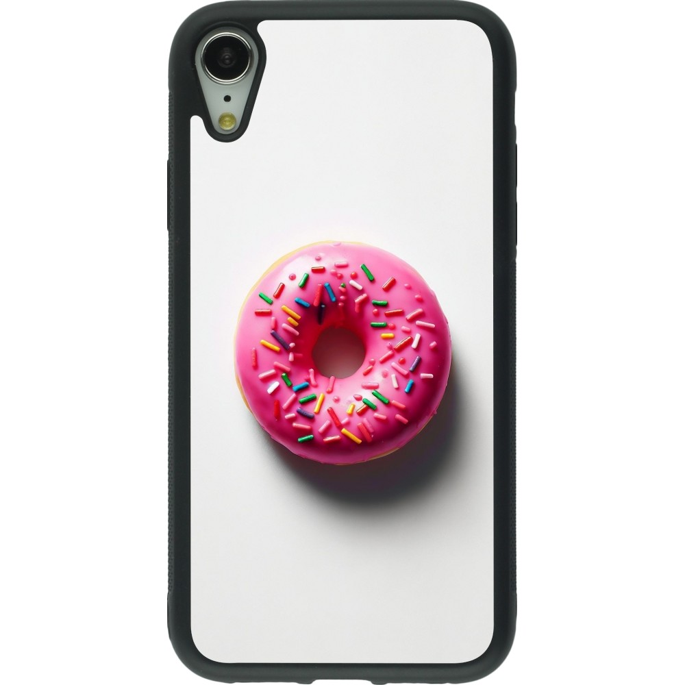 Coque iPhone XR - Silicone rigide noir Weißer Hintergrund, pinker Donut