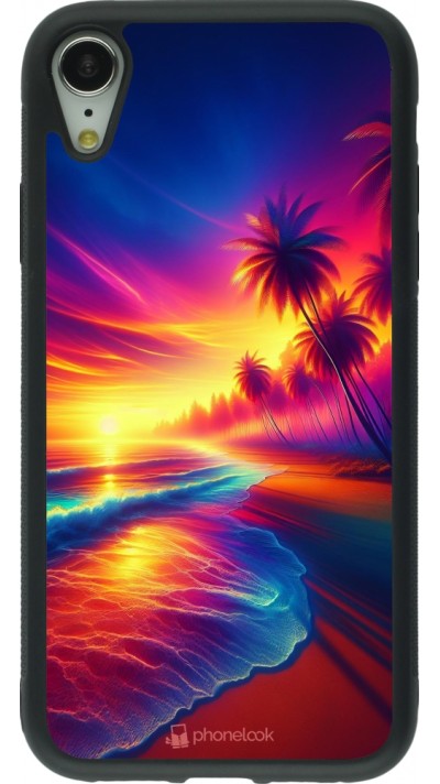 Coque iPhone XR - Silicone rigide noir Plage coucher soleil flashy