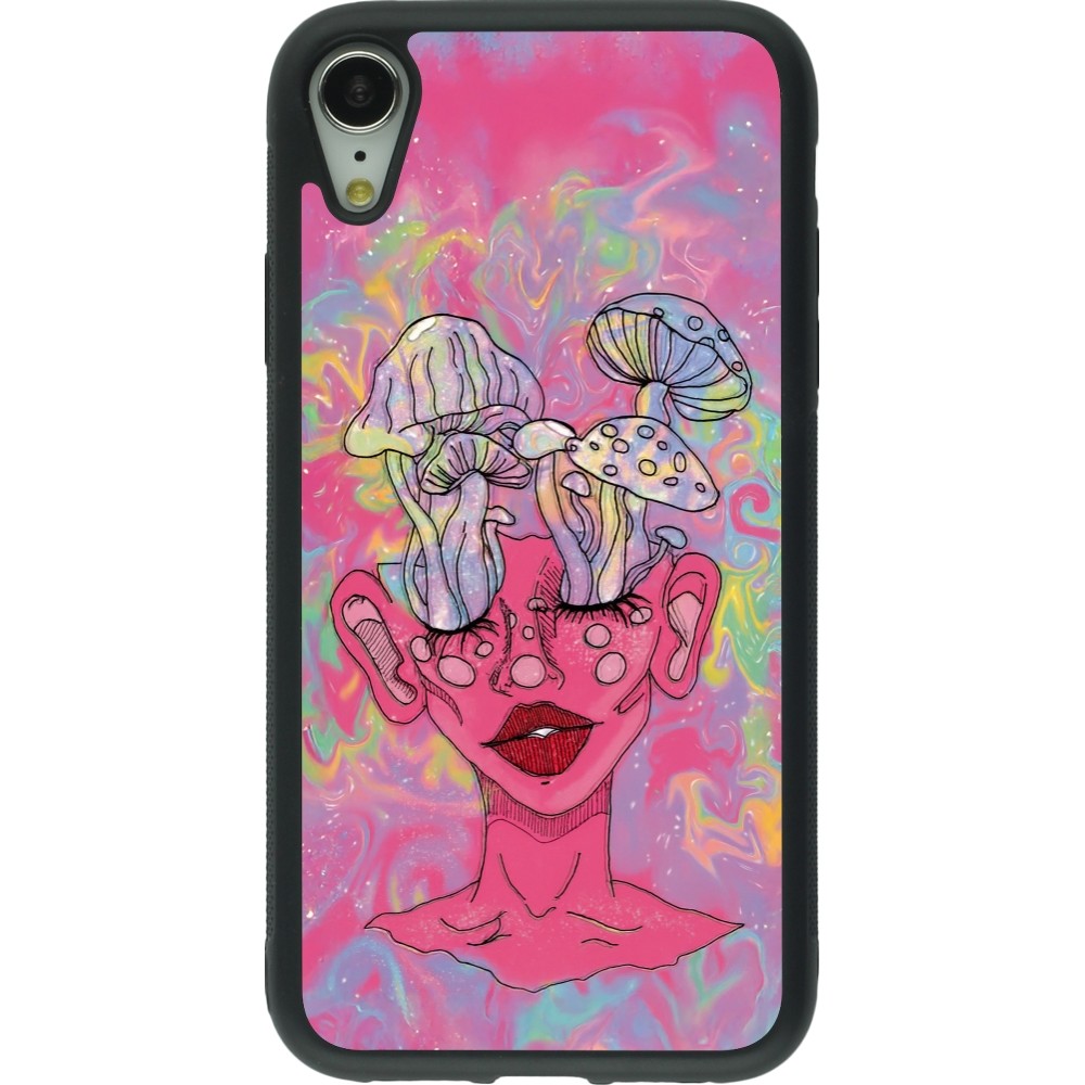 Coque iPhone XR - Silicone rigide noir Psychedelic pink mushroom