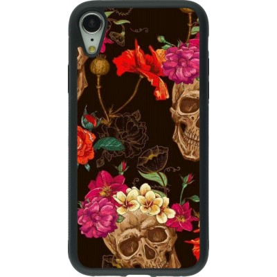 Hülle iPhone XR - Silikon schwarz Skulls and flowers