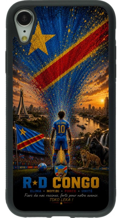 Coque iPhone XR - Silicone rigide noir Football République démocratique du Congo splash 2026