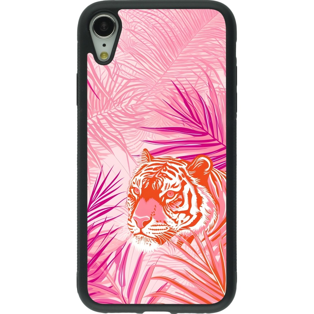 iPhone XR Case Hülle - Silikon schwarz Tiger Palmen rosa