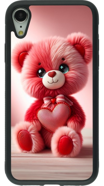 Coque iPhone XR - Silicone rigide noir Valentine 2024 Ourson rose