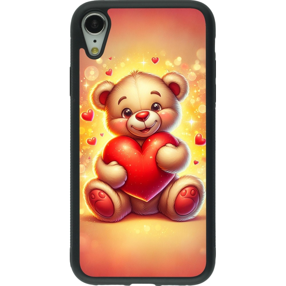 Coque iPhone XR - Silicone rigide noir Valentine 2024 Teddy love