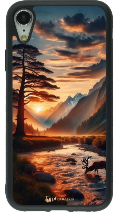 Coque iPhone XR - Silicone rigide noir Valley Sunset Deer Tree