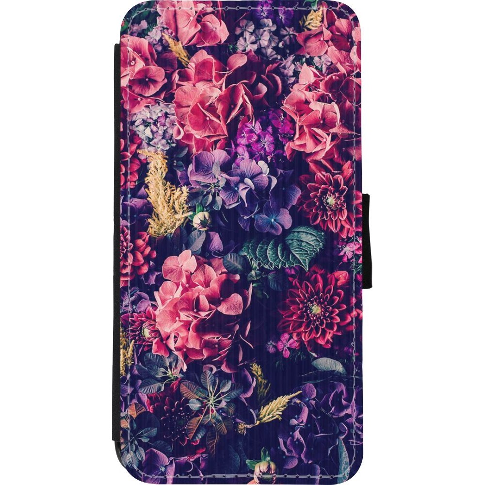 Coque iPhone XR - Wallet noir Flowers Dark