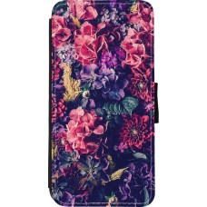 Coque iPhone XR - Wallet noir Flowers Dark