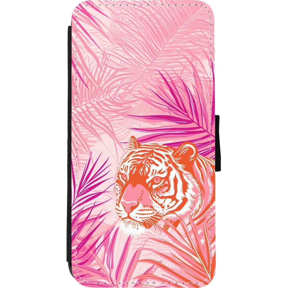 iPhone XR Case Hülle - Wallet schwarz Tiger Palmen rosa