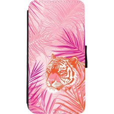 iPhone XR Case Hülle - Wallet schwarz Tiger Palmen rosa