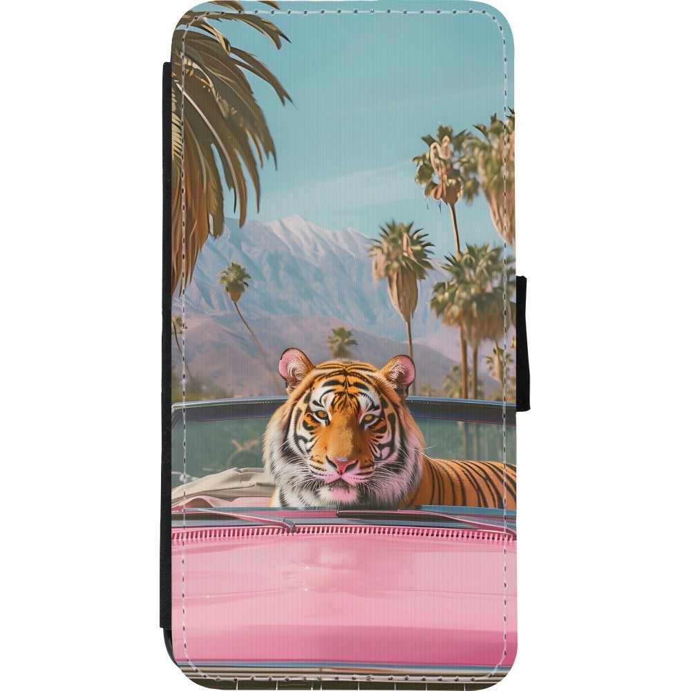 iPhone XR Case Hülle - Wallet schwarz Tiger Auto rosa