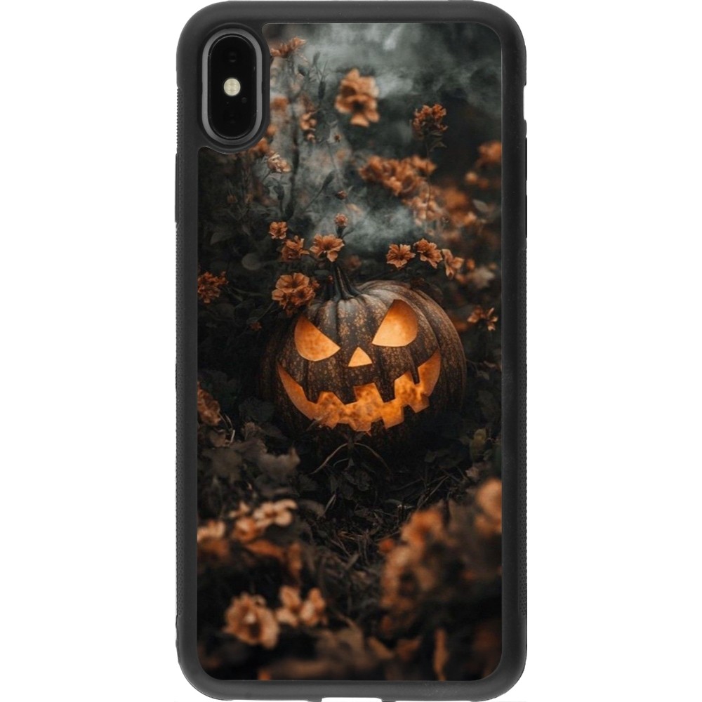 Coque iPhone Xs Max - Silicone rigide noir Halloween 2025 Pumpkin with flowers