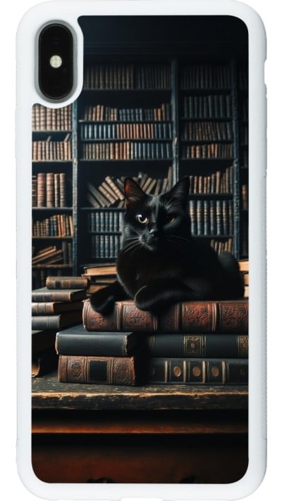 iPhone Xs Max Case Hülle - Silikon weiss Katze Bücher dunkel