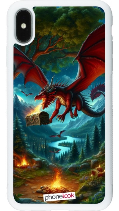 Coque iPhone Xs Max - Silicone rigide blanc Dragon Volant Forêt Trésor