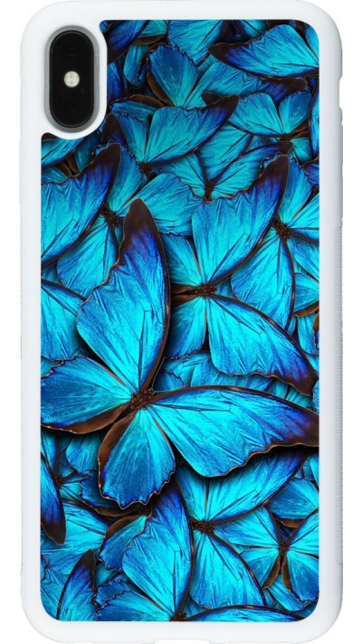 Coque iPhone Xs Max - Silicone rigide blanc Papillon - Bleu