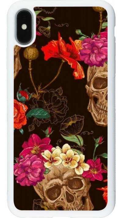 Coque iPhone Xs Max - Silicone rigide blanc Skulls and flowers