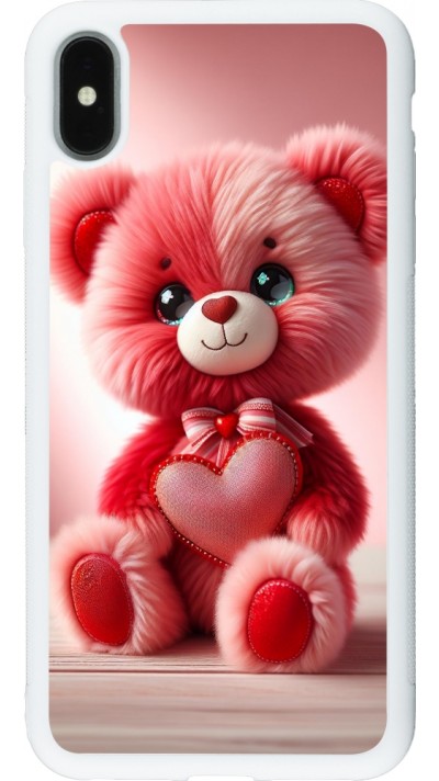 Coque iPhone Xs Max - Silicone rigide blanc Valentine 2024 Ourson rose