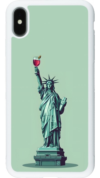 Coque iPhone Xs Max - Silicone rigide blanc Wine Statue de la liberté avec un verre de vin