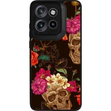 Coque Motorola Moto S50 - Silicone rigide noir Skulls and flowers