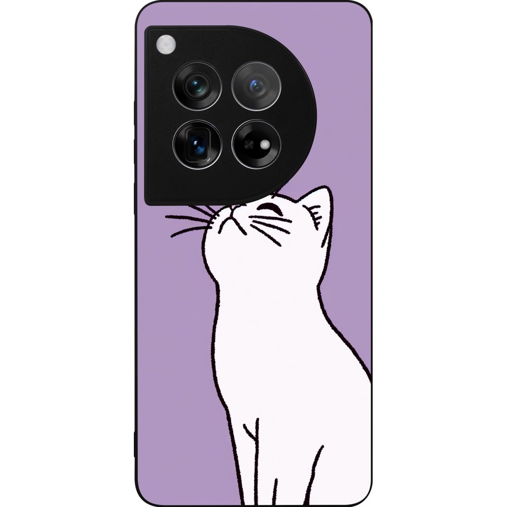 Coque OnePlus 12 - Silicone rigide noir Chat sur fond violet