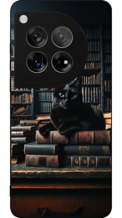 OnePlus 12 Case Hülle - Silikon schwarz Katze Bücher dunkel