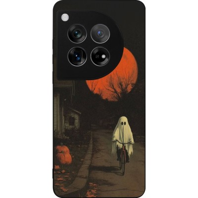 Coque OnePlus 12 - Silicone rigide noir Halloween 2025 Ghost on a bicycle