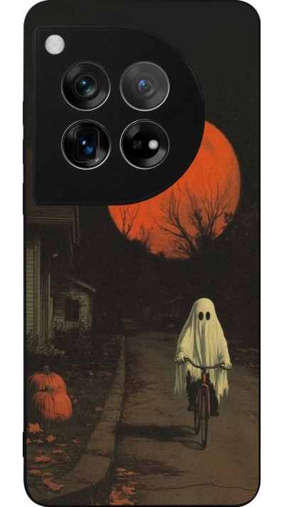 Coque OnePlus 12 - Silicone rigide noir Halloween 2025 Ghost on a bicycle
