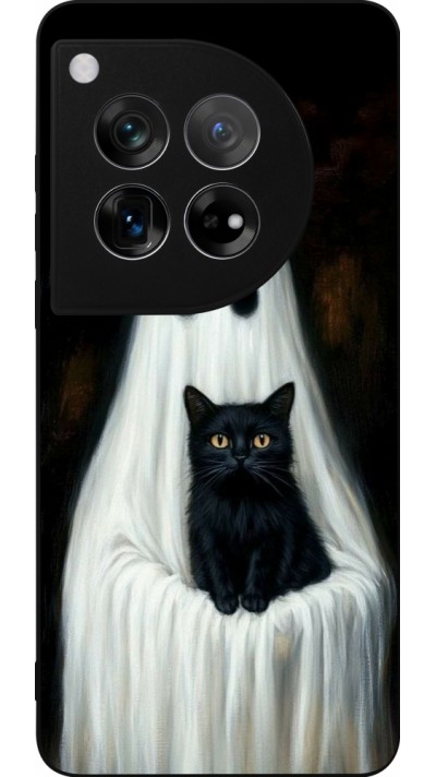 Coque OnePlus 12 - Silicone rigide noir Halloween 2025 Ghost with black cat