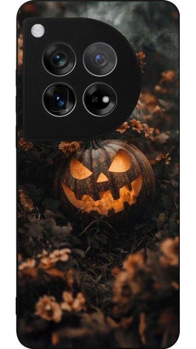 Coque OnePlus 12 - Silicone rigide noir Halloween 2025 Pumpkin with flowers