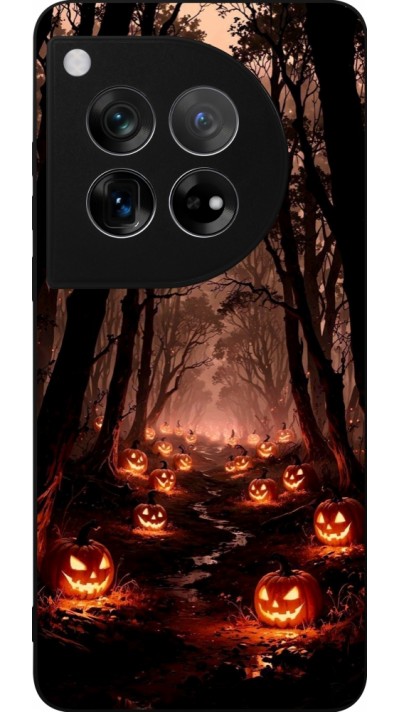 Coque OnePlus 12 - Silicone rigide noir Halloween 2025 Road of Terrifying Pumpkins