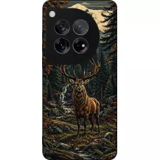 Coque OnePlus 12 - Silicone rigide noir Linocut Cerf