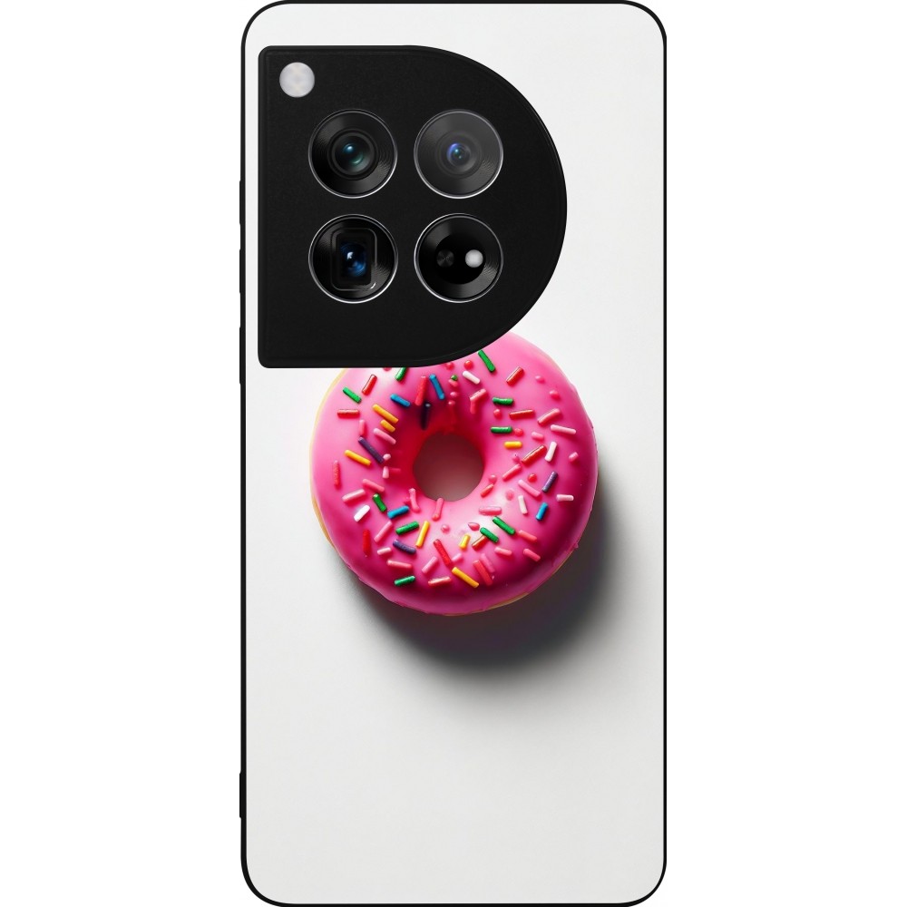 OnePlus 12 Case Hülle - Silikon schwarz Weisser Hintergrund, pinker Donut
